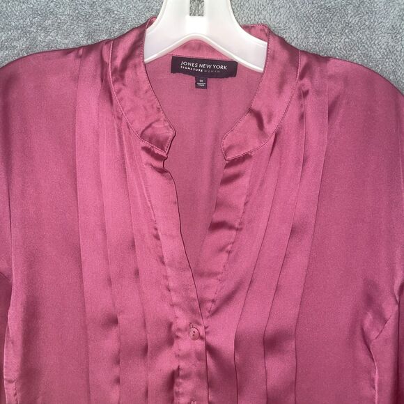 Jones New York Blouse Womens 1X Pink Button Up‎ V Neck Long Sleeve Satin Career - Picture 2 of 12